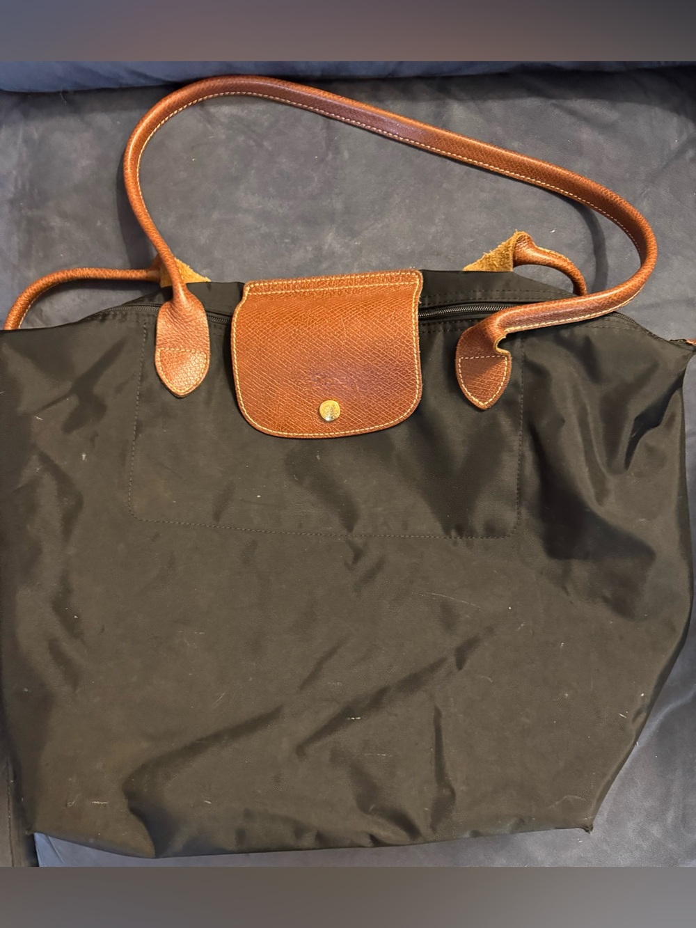 Longchamp Black Nylon Tote with Brown Leather Trim